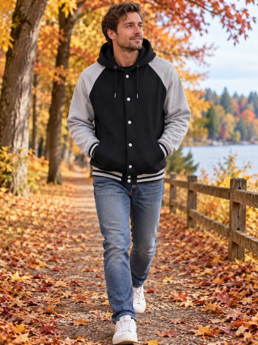 Black & Light Gray Hooded Snap-Up Baseball Jacket - L